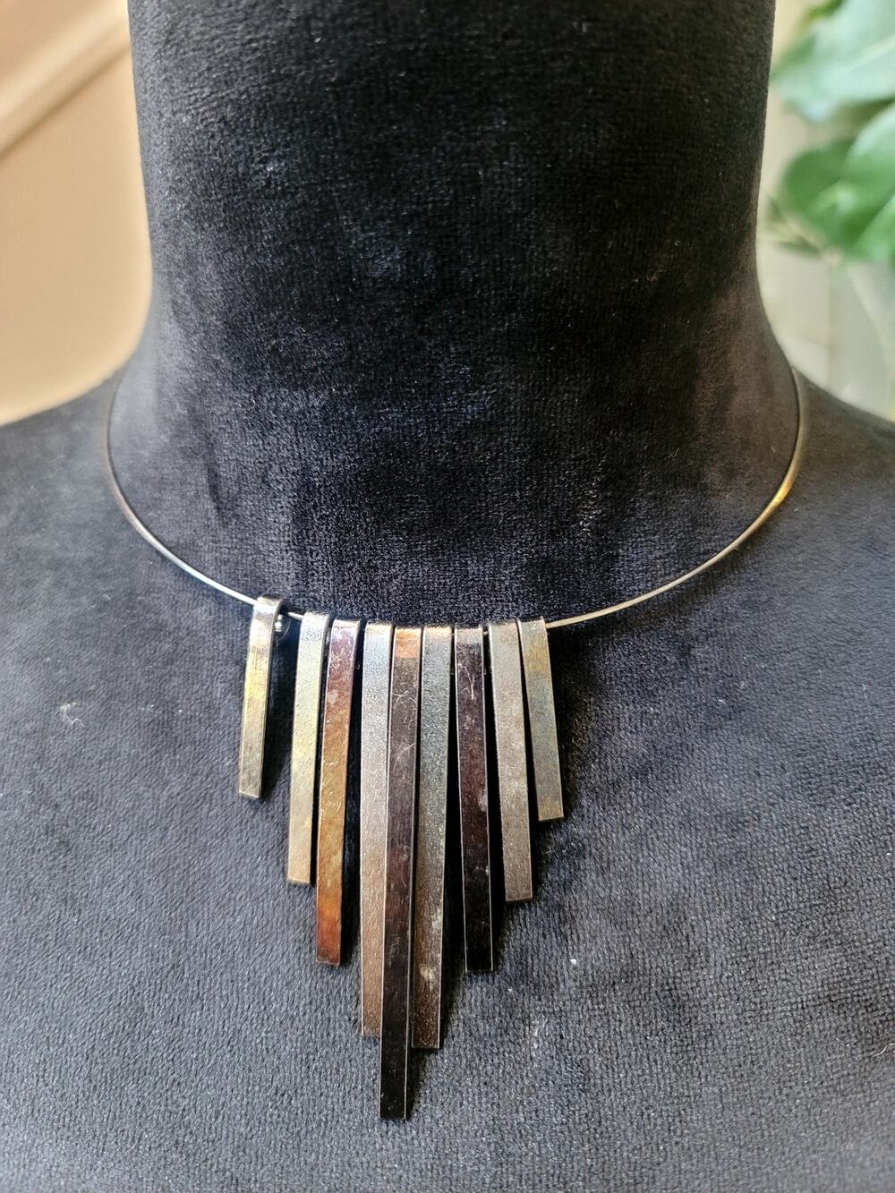 Silver Tone Geometric Fringe Bar Choker Necklace Modern Minimalist Statement